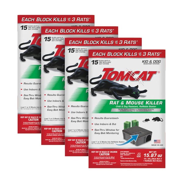 Rat and Mouse Killer Child and Dog Resistant, Refillable Station, 4 Packs each containing 1 Bait Station with 15 Refills