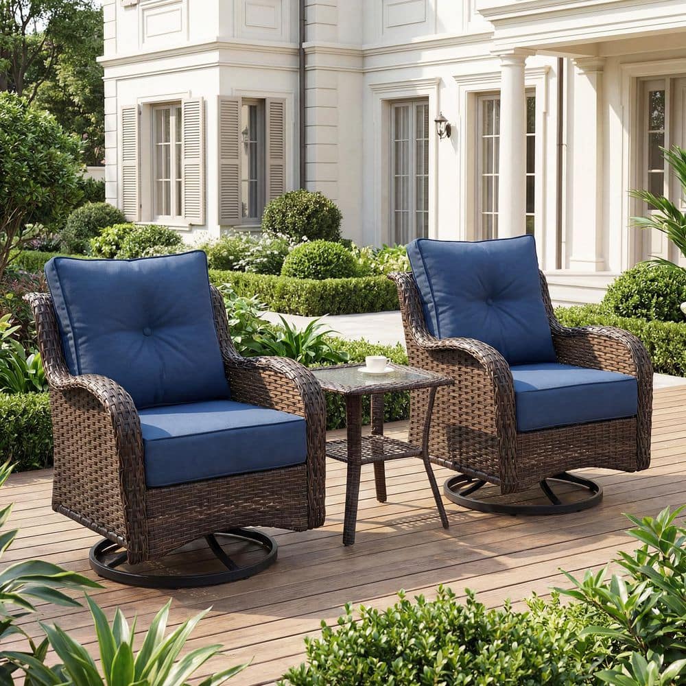 3-Piece Wicker Patio Conversation Set with Swivel Rocker Chairs and Side Table for Patio, Navy Blue Cushion price history on PriceWatchPro