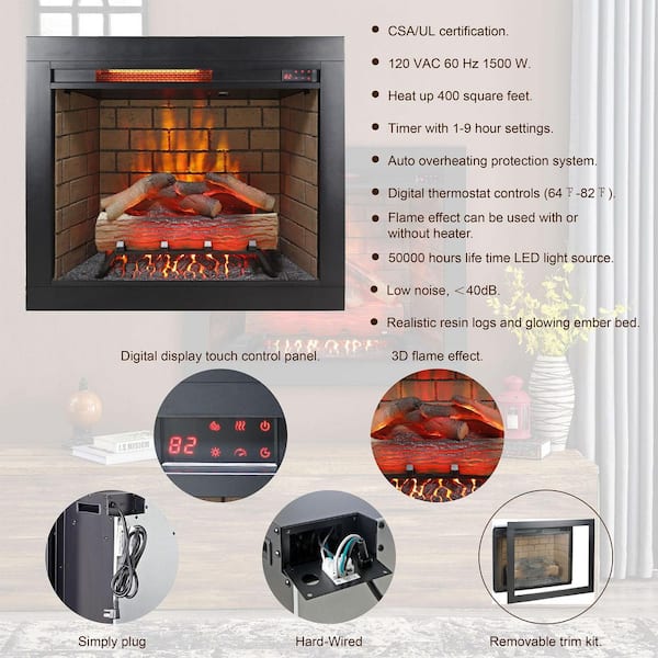 28 in. 5000BTU Infrared Electric Fireplace Insert with Fire Cracking Sound & Removable Trim Kit in Black