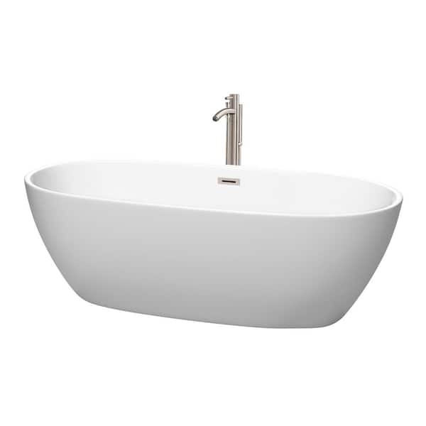 Wyndham Collection Juno 71 in. Acrylic Flatbottom Bathtub in Matte White with Brushed Nickel Trim and Floor Mounted Faucet