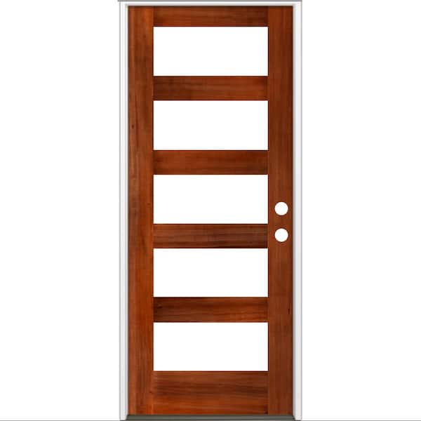 Krosswood Doors 32 in. x 80 in. Modern Hemlock Left-Hand/Inswing 5-Lite Clear Glass Red Chestnut Stain Wood Prehung Front Door
