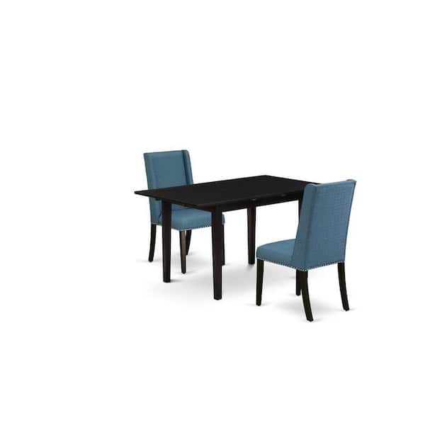 East West Furniture 3-Piece Black Finish Rectangular Solid Wood Top with Butterfly Leaf Dining Table Set