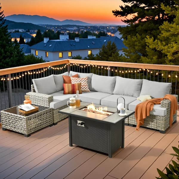 XIZZI Ligne 7-Pieces Wicker Outdoor Patio Rectangular Fire Pit Sets with Grey Cushions