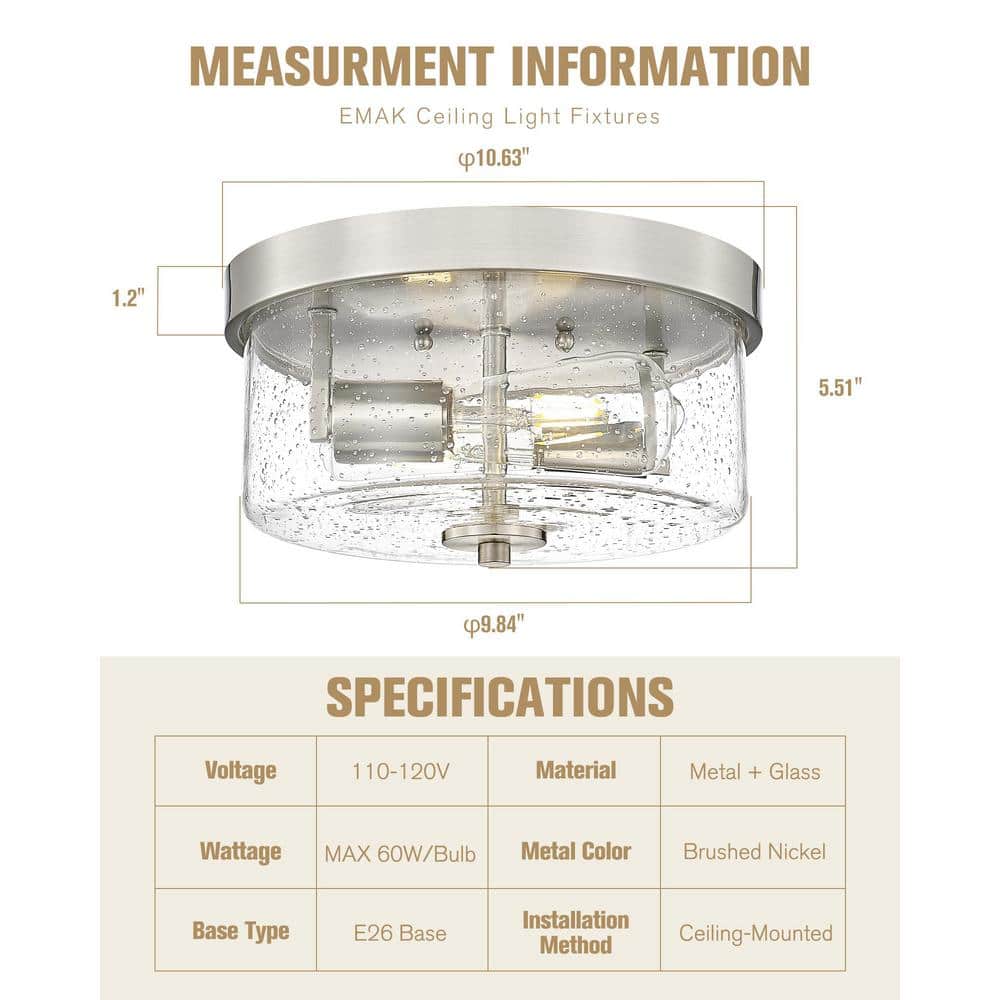 Brushed Nickel 2-Light Round Flush Mount with Seeded Glass Shade