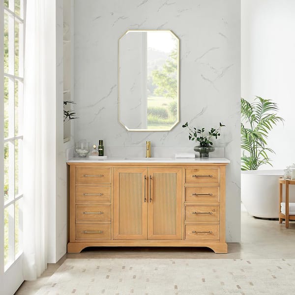 Tokyo 60 in. W. x 22 in. D x 44 in. H Single Bath Vanity in Oak Natural Brown with Silk White Quartz Stone Top