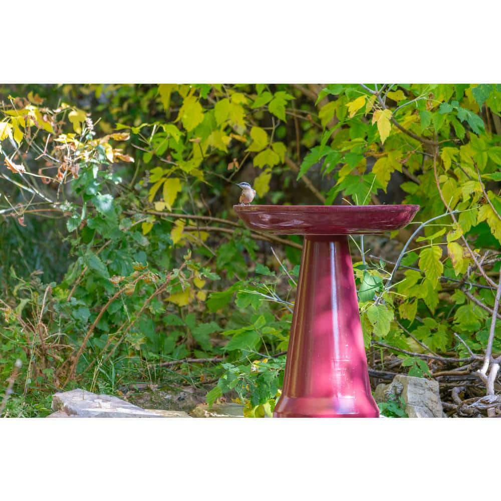 Burgundy Ceramic Clay Pedestal Bird Bath, 22"H x 17"D