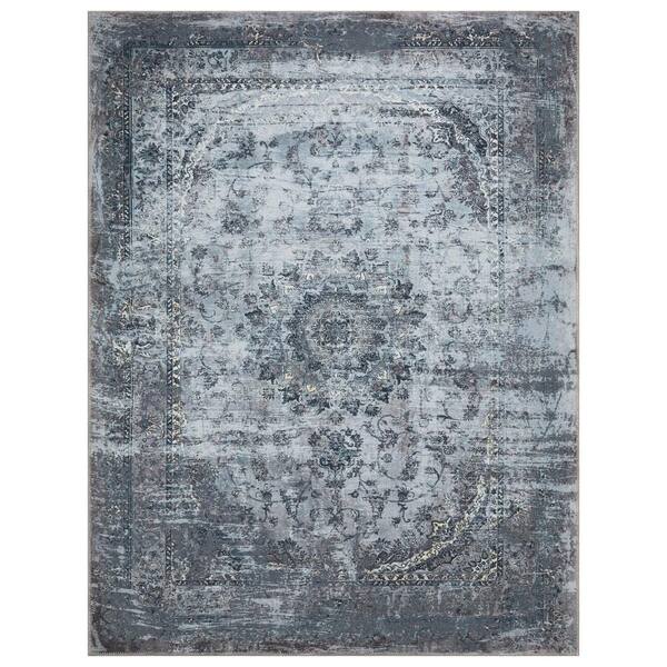 Ottomanson Non Shedding Washable Wrinkle-free Flatweave Medallion 8x10 Living Room Area Rug,7 ft. 10 in.x9 ft. 10 in.,Bluish Gray
