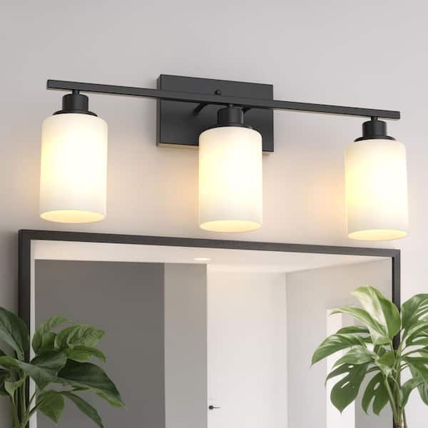 24 in. 3 Light Matte Black Vanity Light with Frosted Cylinder Glass Shades and E26 Sockets for Bathroom
