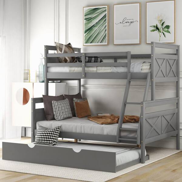 Qualler Gray Twin Over Full Bunk Bed With Twin Size Trundle And Safety ...