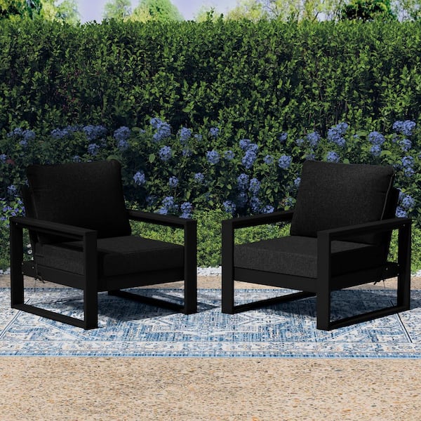 Endless Outdoor All Weather HDPE Plastic Modern Black Deep Seating Patio Club Chair with Black Cushions (Set of 2)