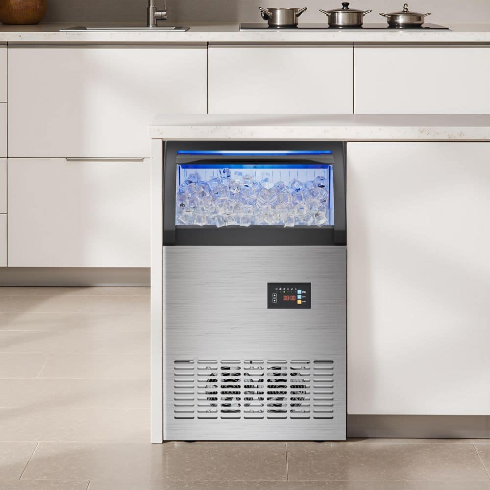 18.98in.130lbs./24H Full Size Cube Commercial Freestanding Ice Maker Spray Ice Machine w/ 60lbs. Storage,Stainless Steel