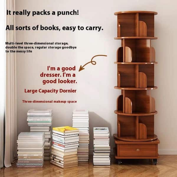 Noble House Colby Rotating 69 in. Tall Walnut MDF 6-Shelf Corner