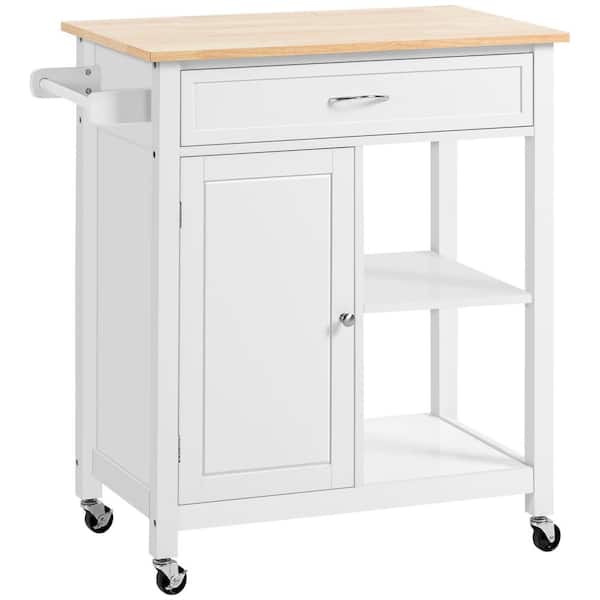 Tileon White Rubber Wood 29.5 in. Small Kitchen Island Cart with Open Storage, 1 Drawer, Adjustable Shelves and Towel Rack