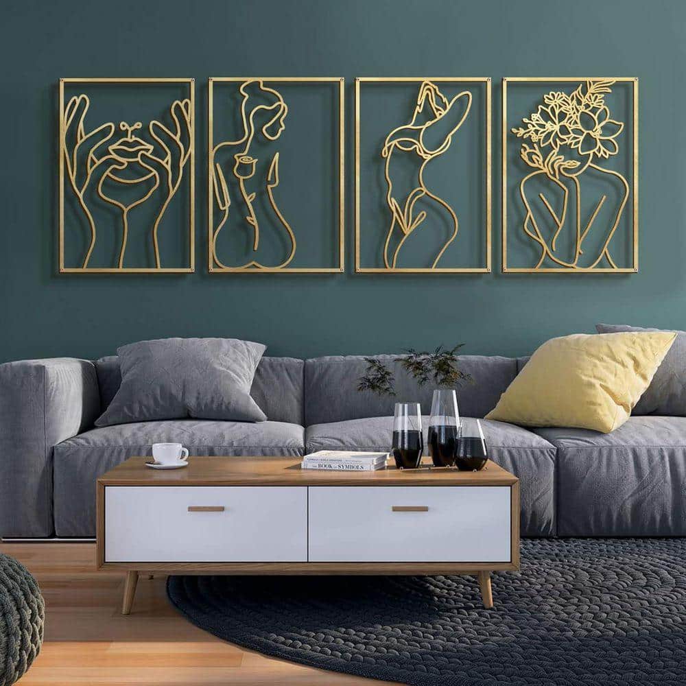 4 Piece Framed Single Line Real Metal Wall Art Poster, Woman's
