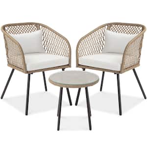 3-Piece Wicker/Metal Patio Conversation Set with Ivory Cushions