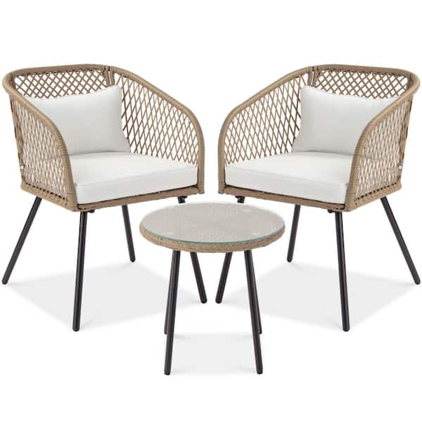 Best Choice Products 3-Piece Wicker/Metal Patio Conversation Set with Ivory Cushions