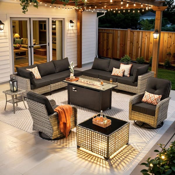 Vinceny Gray 11-Piece Wicker 54 in. Rectangle Fire Pit Patio Conversation Set with Black Cushions and Swivel Chairs