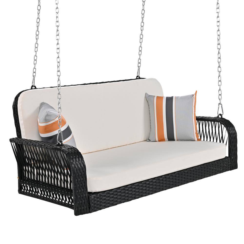 Outdoor 2-Person Black PE Wicker Hanging Porch Swing with Beige Cushions price history on PriceWatchPro
