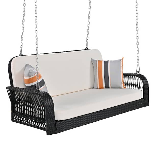 Sudzendf Outdoor 2-Person Black PE Wicker Hanging Porch Swing with Beige Cushions