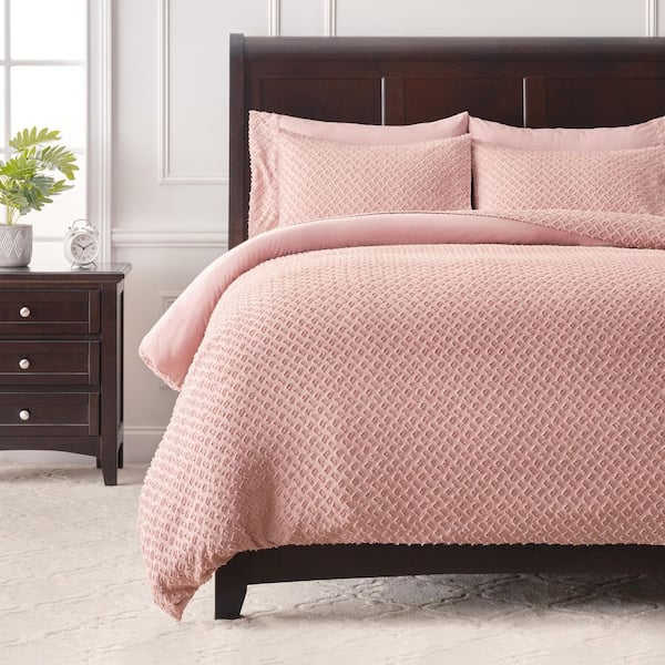 CHANASYA Chanasya Clipped Mauve Pink Color Textured Tufted Boho Reversible Microfiber Duvet Cover Set, Twin