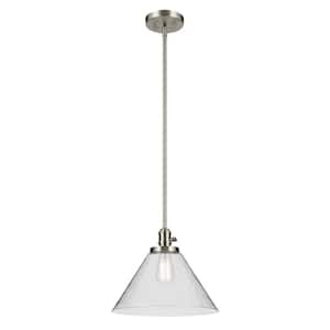 Avery 14 in. 1-Light Brushed Nickel Vintage Industrial Shaded Cone Kitchen Hanging Pendant Light with Clear Seeded Glass