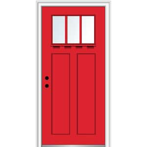 36 in. x 80 in. Clear LowE Glass 3 Lite Red Saffron Shaker with Shelf Painted Fiberglass Smooth Prehung Front Door