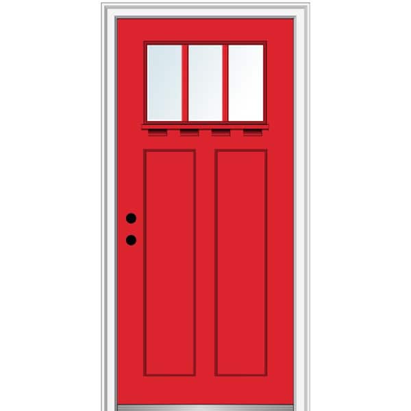 MMI Door 36 in. x 80 in. Clear LowE Glass 3 Lite Red Saffron Shaker with Shelf Painted Fiberglass Smooth Prehung Front Door