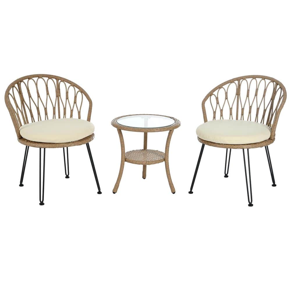 3 Piece Wicker Round Outdoor Bistro Set with Beige Cushions, Patio Leisure 