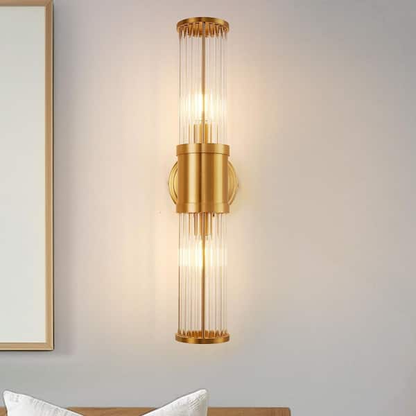 19.6 in. 2-Light Antique Brass Vanity Light with Crystal Accents, E12 Bathroom Wall Sconce Fixture
