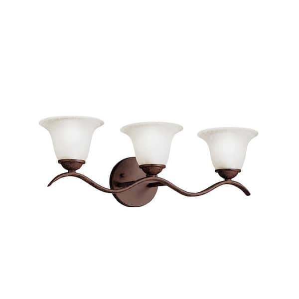 KICHLER Dover 22.5 in. 3-Light Tannery Bronze Transitional Bathroom Vanity Light with Etched Seeded Glass