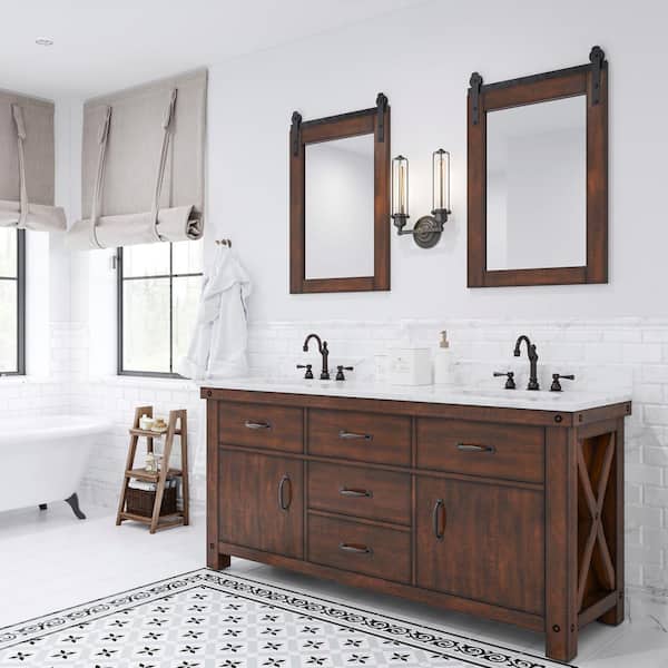 Water Creation Aberdeen 72 in. W x 22 in. D Vanity in Rustic Sierra with Marble Vanity Top in White with White Basin and Mirror