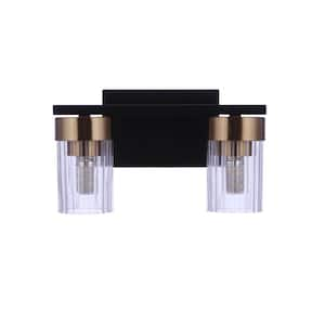 Bond Street 11 in. 2 Light Flat Black/Satin Brass Finish Vanity Light with Clear Ribbed Glass