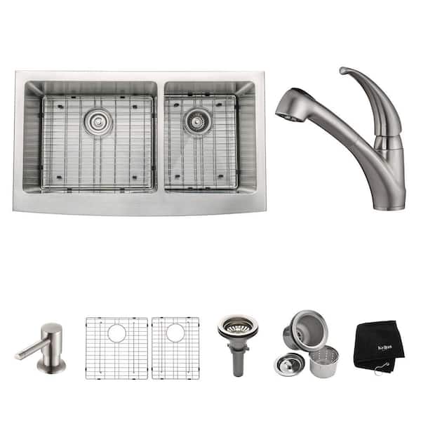KRAUS All-in-One Farmhouse Apron Front Stainless Steel 36 in. Double Basin Kitchen Sink with Faucet in Stainless Steel