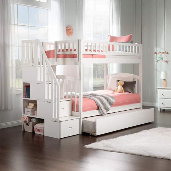 AFI Westbrook White Twin Over Twin Staircase Bunk with Twin Size Urban Trundle Bed