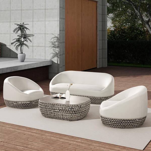 Jennifer Taylor Willow 4-Pcs Axroma Upholstered Woven Patio Deep Seating Conversation Set in Wheat Beige