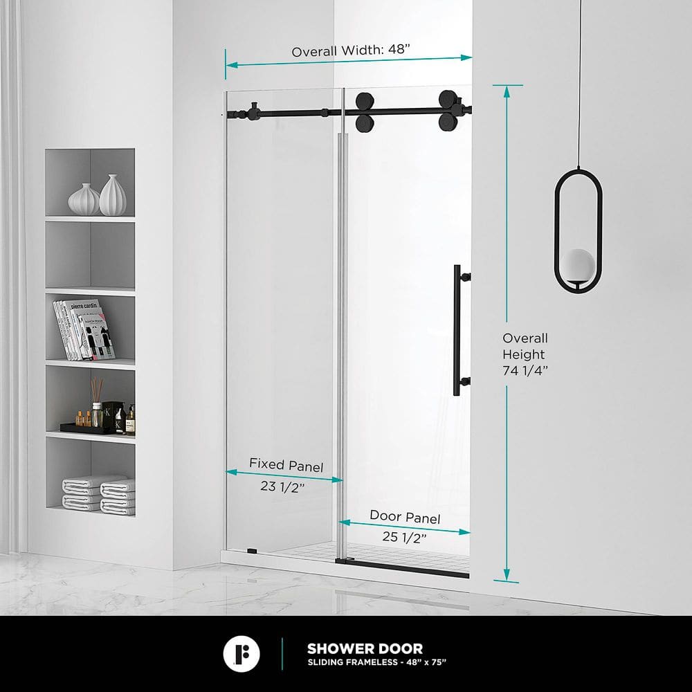 48'' Black Frameless Sliding Shower Door with Tempered Glass