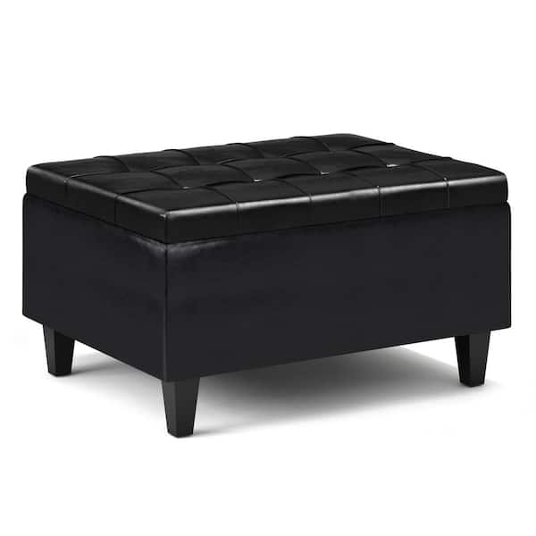 Simpli Home Harrison 34 in. Rectangle Small Coffee Table Storage Ottoman in Midnight Black Faux Leather, Assembled