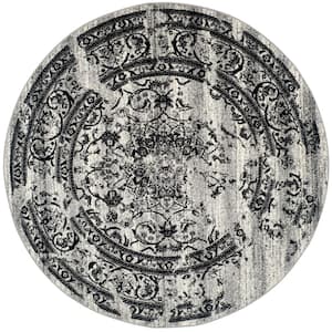 Adirondack Silver/Black 8 ft. x 8 ft. Round Floral Border Area Rug