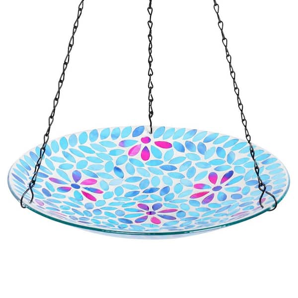 21 in. H x 11 in. Dia Blue Flower Glass Birdbath with Rust-Proof Chain