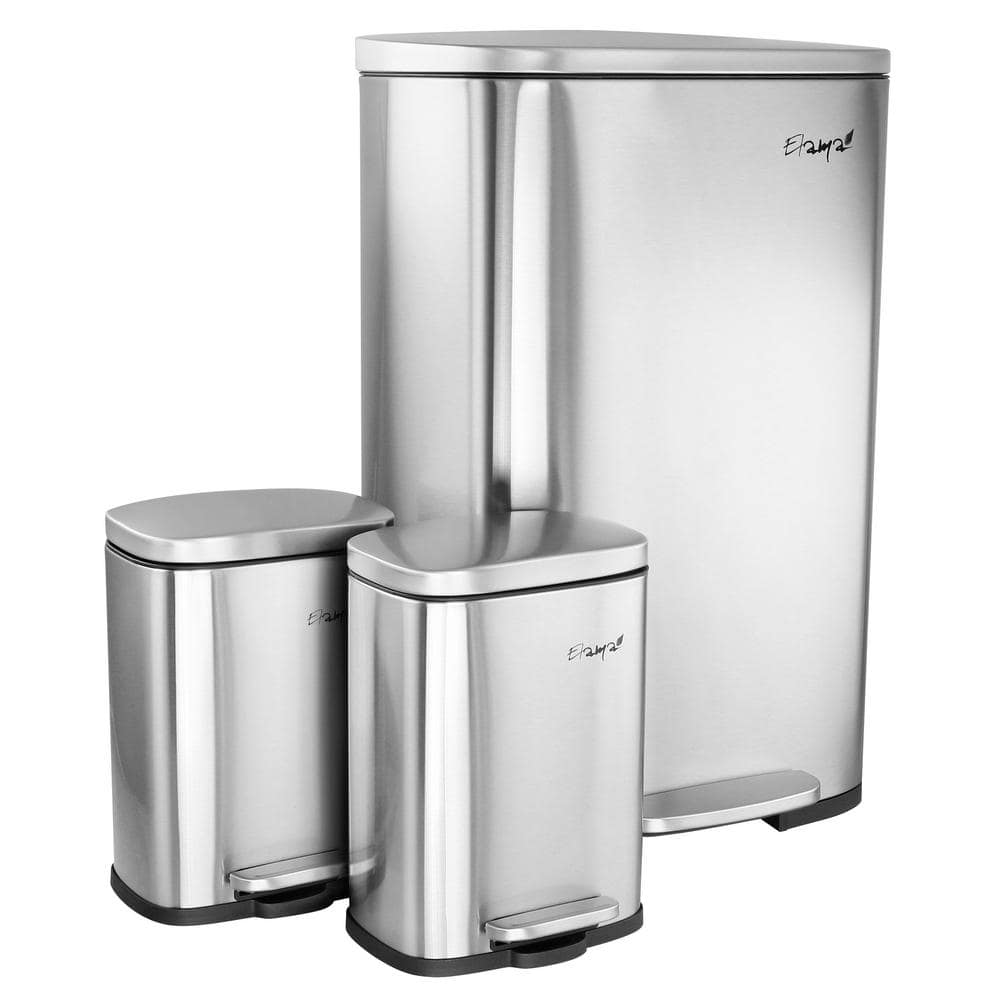 Elama 3 Piece 50 Liter and 5 Liter Stainless Steel Step Trash Bin Combo Set with Slow Close Mechanism