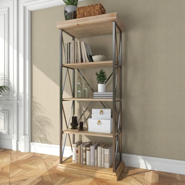 30 in. L x 17 in. W x 72 in. H Matte Black/Natural Brown Metal 5-Shelf Etagere Bookcase