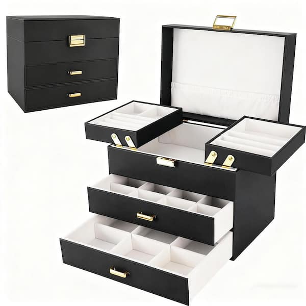 Unbranded x Black PU Leather Jewelry Box with Layers,  Multiple Compartments for Earrings, Rings, Necklaces 21CSA10171