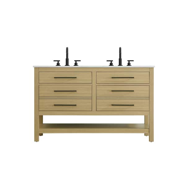 60 in. Double Sink Honey Brown Bath Vanity with White Engineered Marble Top