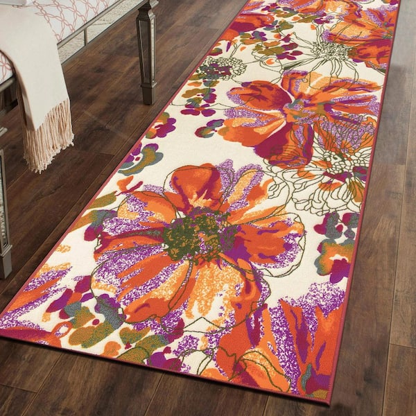 Contemporary Bright Flowers Non-Slip (Non-Skid) Multi 2 ft. 7 in. x 6 ft. Indoor Runner Rug