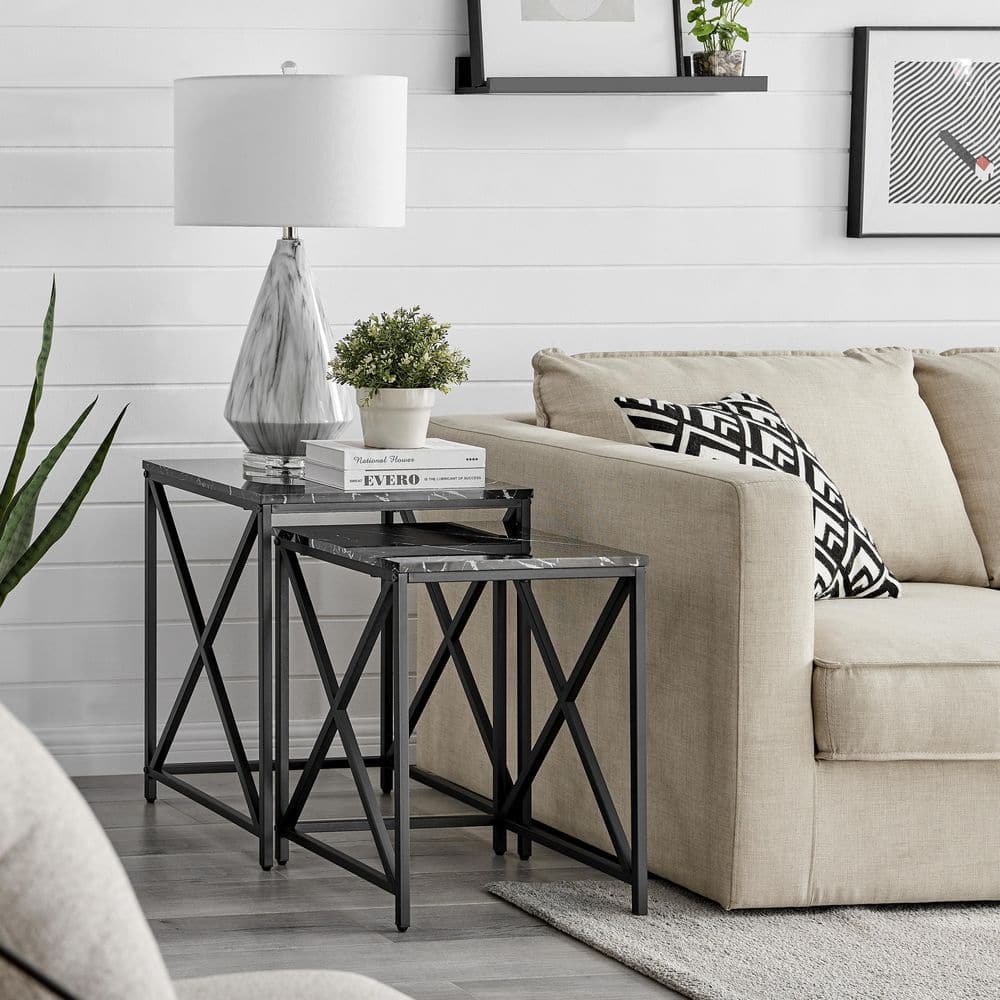 Modern Faux Marble and Black Metal Nesting End Table Set
