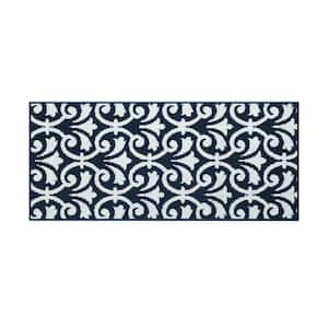 Washable Non-Skid Navy and White 26 in. x 45 in. Medallion Accent Rug