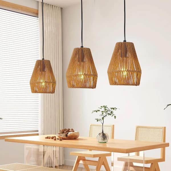 6.5 in. W Set of 3 Rustic Pendant Light Adjustable Height Brown Ceiling Lamp for Kitchen Island, E26, No Bulbs Included