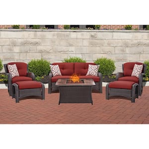 Strathmere 6-Piece Woven Wicker Patio Seating Set with Wood Grain-Top Fire Pit with Crimson Red Cushions