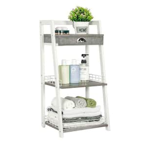 3-Tier White Bathroom Ladder Shelf, Bathroom Floor Storage Shelf with Drawer