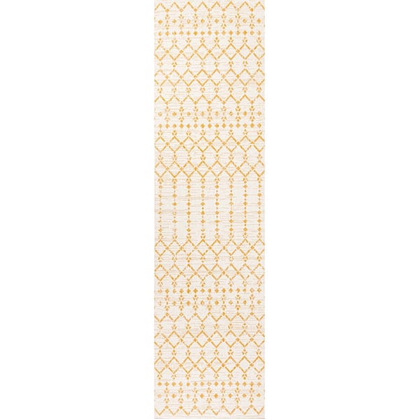 Ourika Moroccan Geometric Textured Weave Cream/Yellow 2 ft. x 8 ft. Indoor/Outdoor Runner Rug